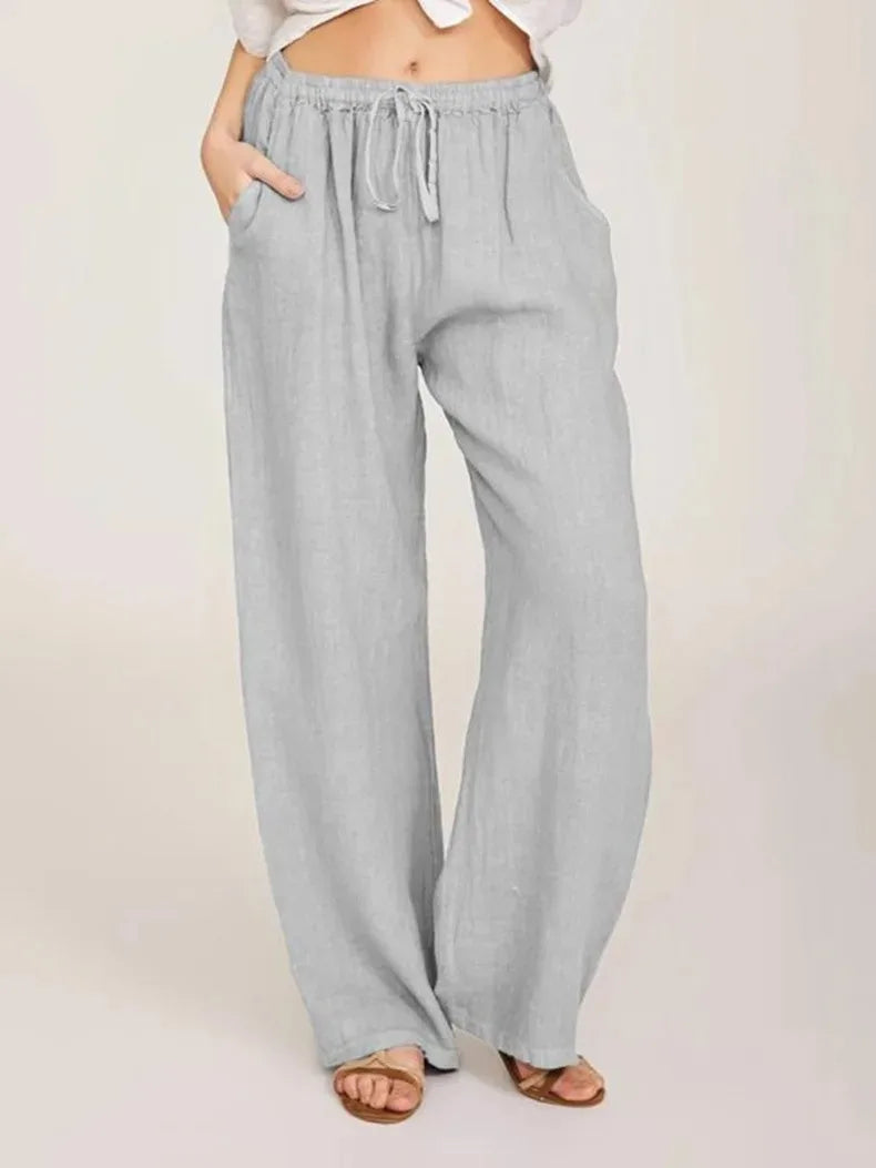 Cotton Linen Pants Casual Loose Solid Elastic Waist Pocket Straight Trousers Ladies Oversize Wide Leg Pant Streetwear
