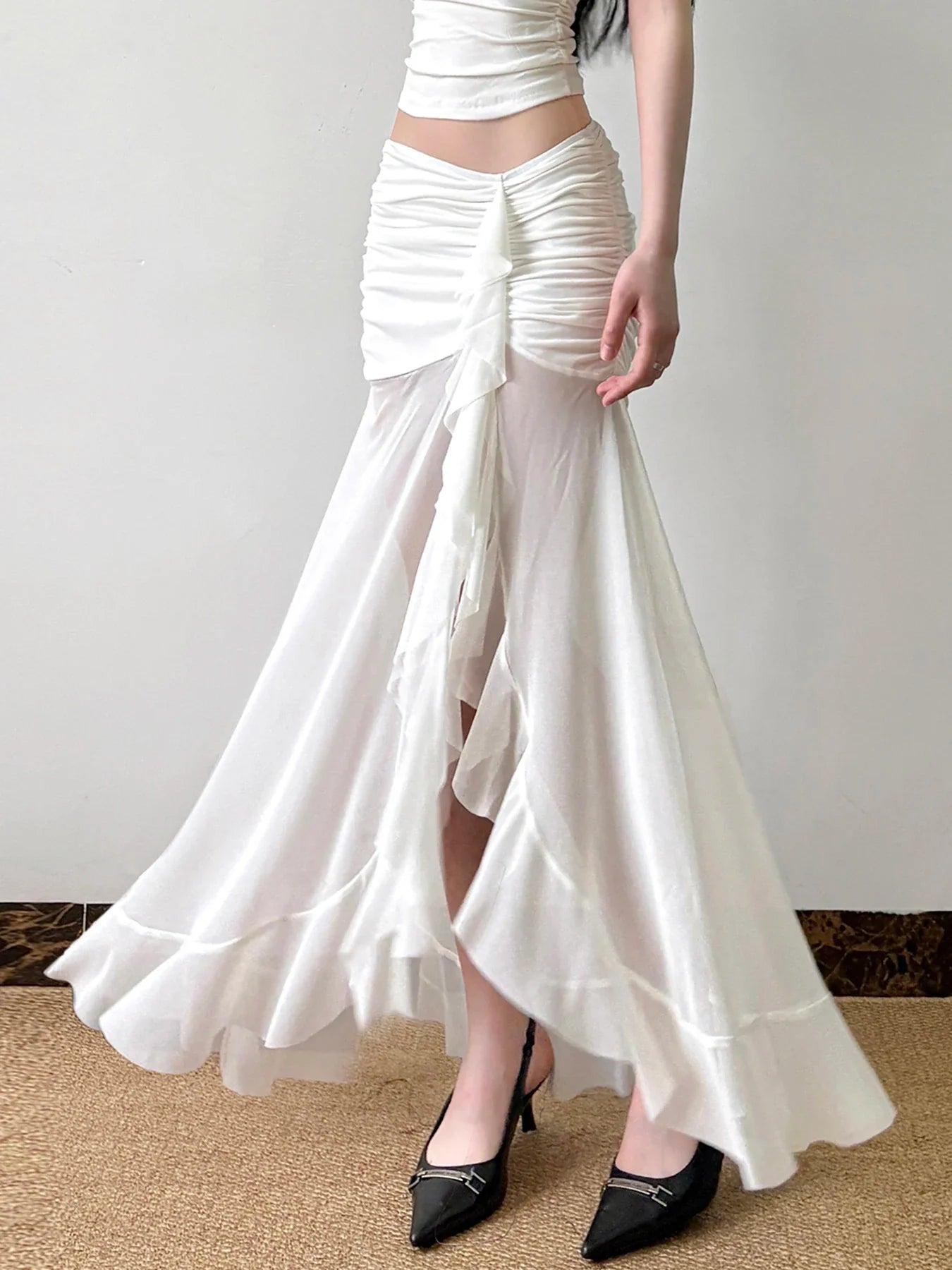 Rockmore Vacation Mesh See Through Long Skirts Ruffle Split Pleated Wrap Skirt Elegant Clothing
