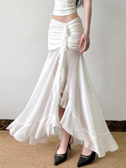 Rockmore Vacation Mesh See Through Long Skirts Ruffle Split Pleated Wrap Skirt Elegant Clothing