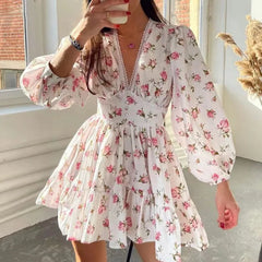 Floral Print Mini Dress High Waist A-Line Long Sleeve V Neck Dresses Vintage Beach Vacation Casual Vestidos