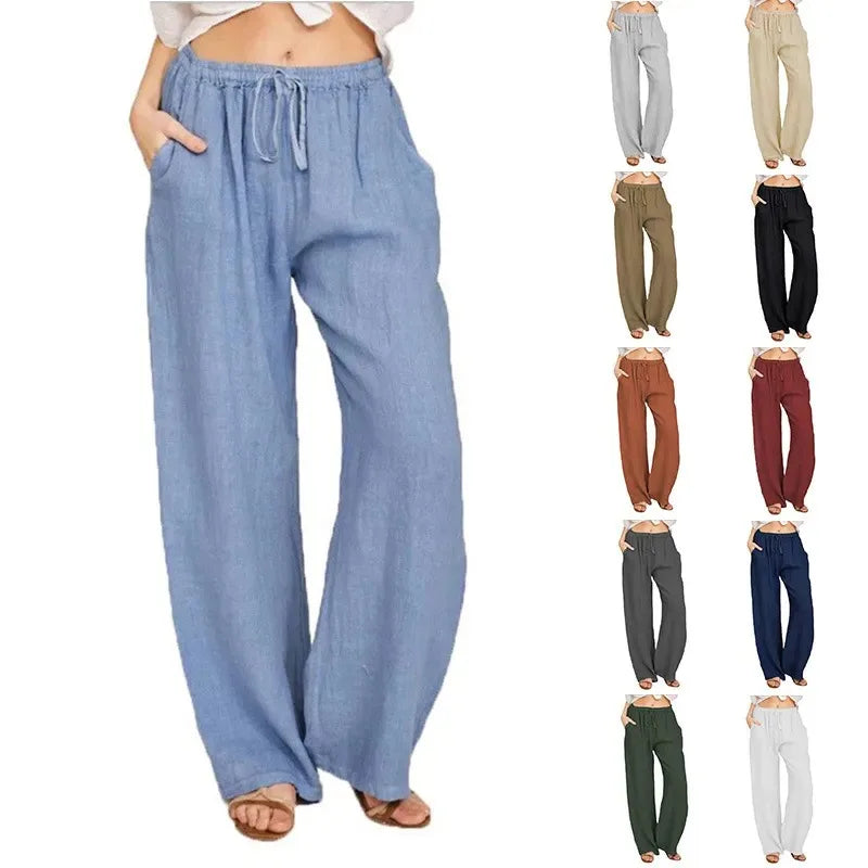 Cotton Linen Pants Casual Loose Solid Elastic Waist Pocket Straight Trousers Ladies Oversize Wide Leg Pant Streetwear