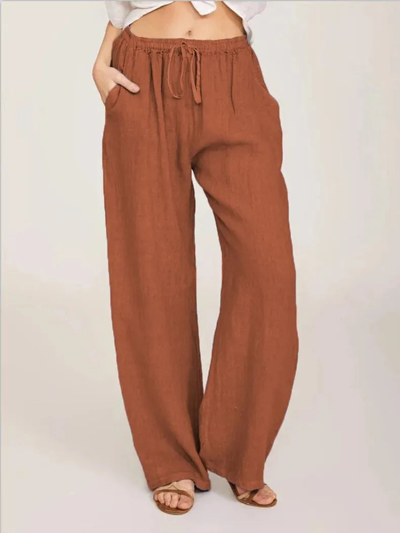 Cotton Linen Pants Casual Loose Solid Elastic Waist Pocket Straight Trousers Ladies Oversize Wide Leg Pant Streetwear