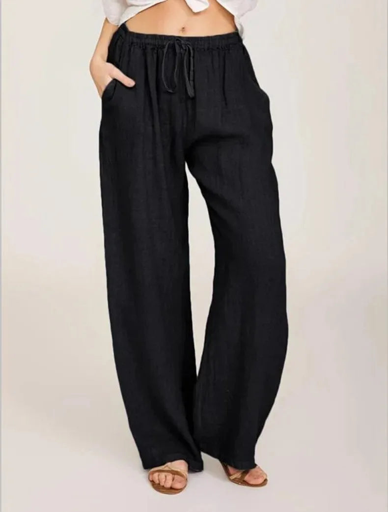 Cotton Linen Pants Casual Loose Solid Elastic Waist Pocket Straight Trousers Ladies Oversize Wide Leg Pant Streetwear