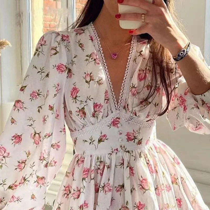 Floral Print Mini Dress High Waist A-Line Long Sleeve V Neck Dresses Vintage Beach Vacation Casual Vestidos