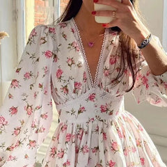 Floral Print Mini Dress High Waist A-Line Long Sleeve V Neck Dresses Vintage Beach Vacation Casual Vestidos