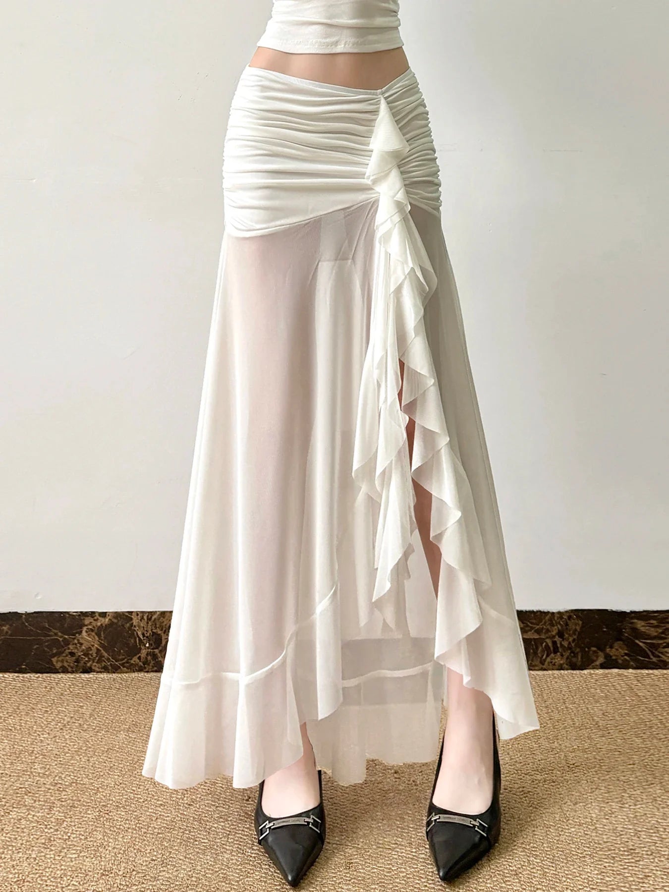 Rockmore Vacation Mesh See Through Long Skirts Ruffle Split Pleated Wrap Skirt Elegant Clothing