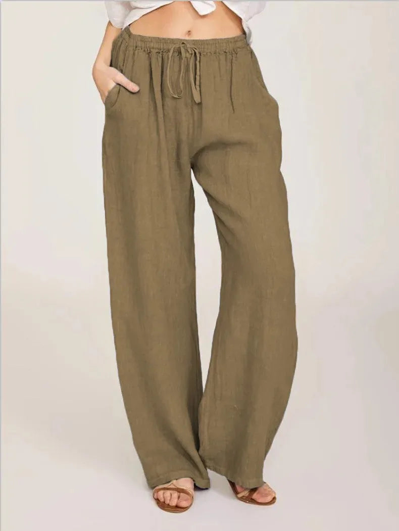 Cotton Linen Pants Casual Loose Solid Elastic Waist Pocket Straight Trousers Ladies Oversize Wide Leg Pant Streetwear