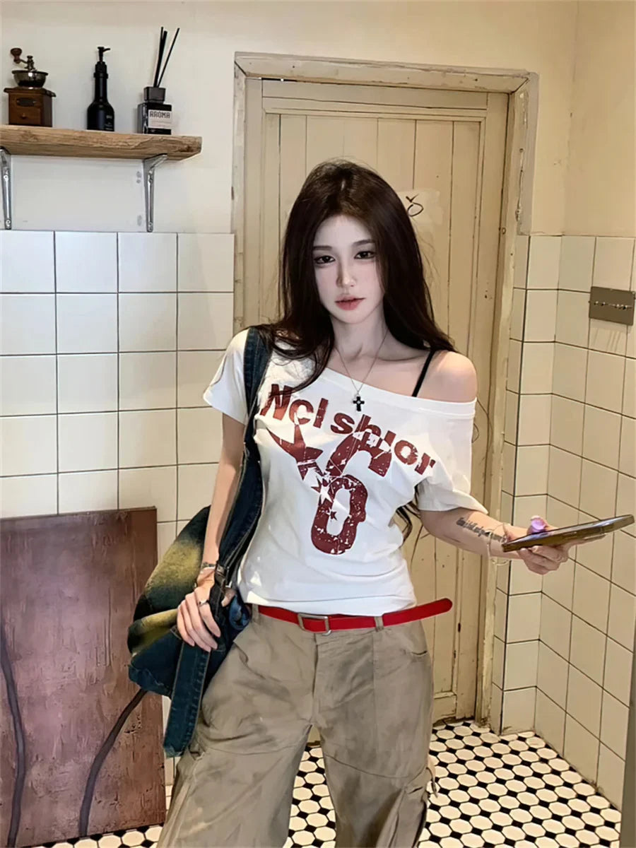 Y2k Sport Off shoulder Top Letter Vintage 2000s Short sleeve T shirt Lady Body Basic Crop Top Casual
