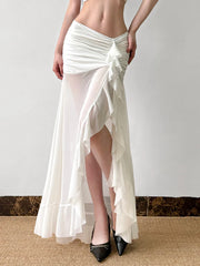 Rockmore Vacation Mesh See Through Long Skirts Ruffle Split Pleated Wrap Skirt Elegant Clothing