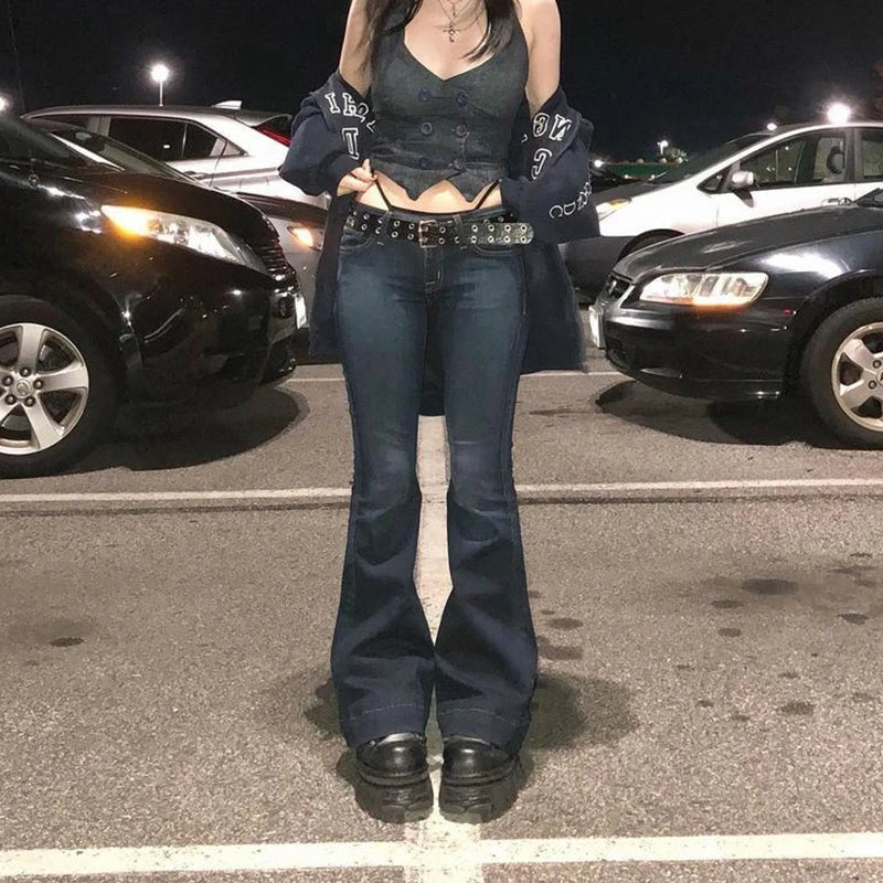 Rockmore Vintage Flare Jeans Low Rise Washed Jean Pants Y2K High Street Denim Trousers Korean Casual New