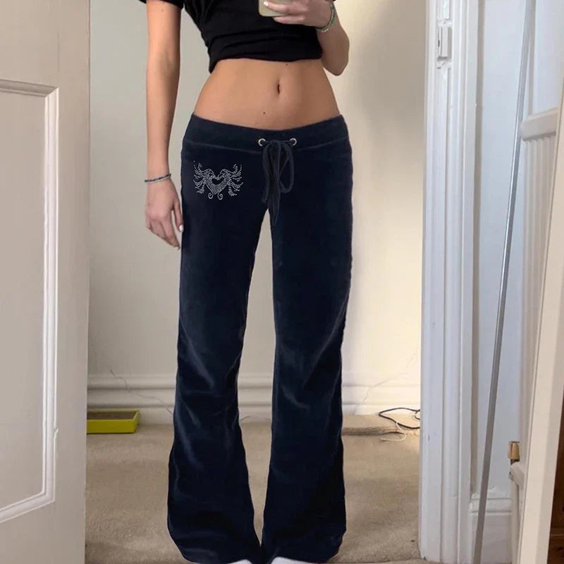 SHOPMOCHO--Rockmore Retro Rhinestone Flare Pants Velvet Drawstring Casual Trouser Streetwear Cute Bottoms Y2K 2000s Pants
