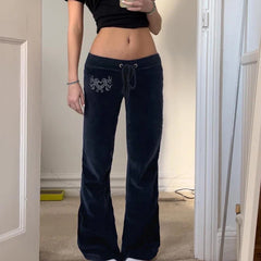 SHOPMOCHO--Rockmore Retro Rhinestone Flare Pants Velvet Drawstring Casual Trouser Streetwear Cute Bottoms Y2K 2000s Pants