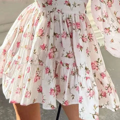 Floral Print Mini Dress High Waist A-Line Long Sleeve V Neck Dresses Vintage Beach Vacation Casual Vestidos