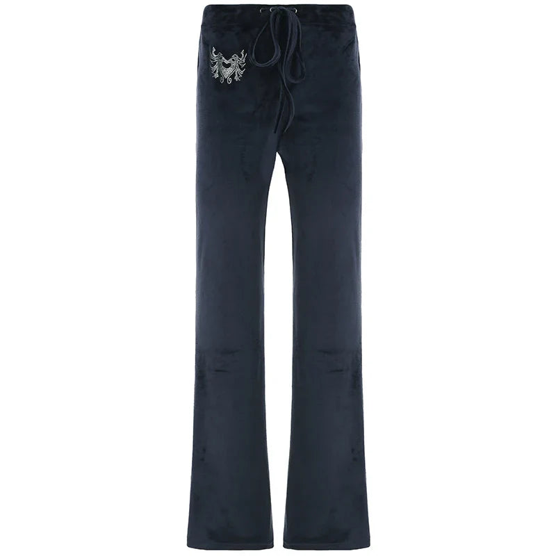SHOPMOCHO--Rockmore Retro Rhinestone Flare Pants Velvet Drawstring Casual Trouser Streetwear Cute Bottoms Y2K 2000s Pants