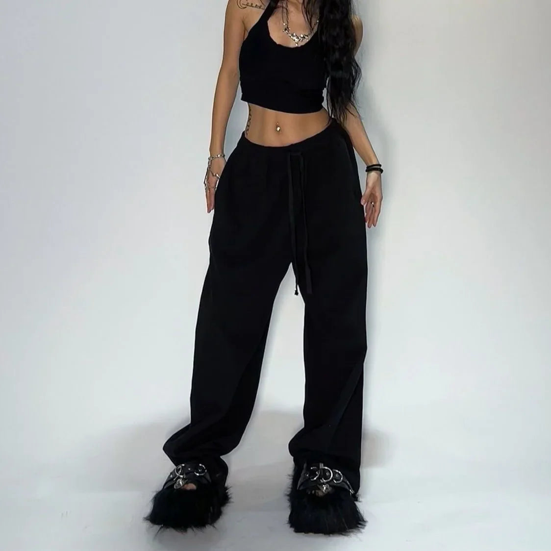 Oversize Grey Black Sweatpants Y2K Korean Streetwear Loose Casual Jogger Pants High Waist All Match Drawstring Trousers