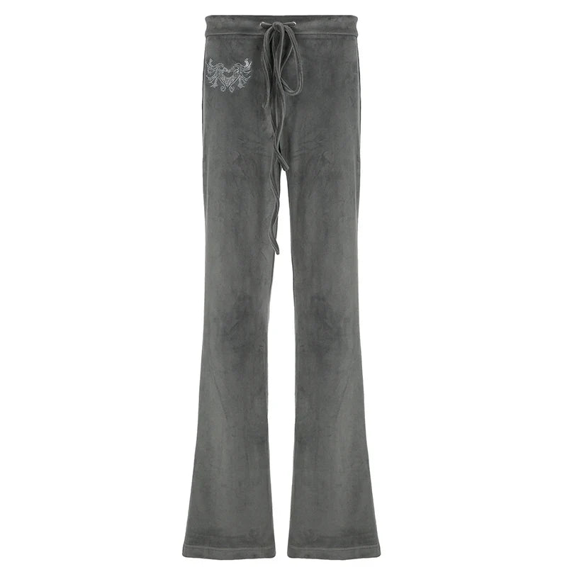 SHOPMOCHO--Rockmore Retro Rhinestone Flare Pants Velvet Drawstring Casual Trouser Streetwear Cute Bottoms Y2K 2000s Pants