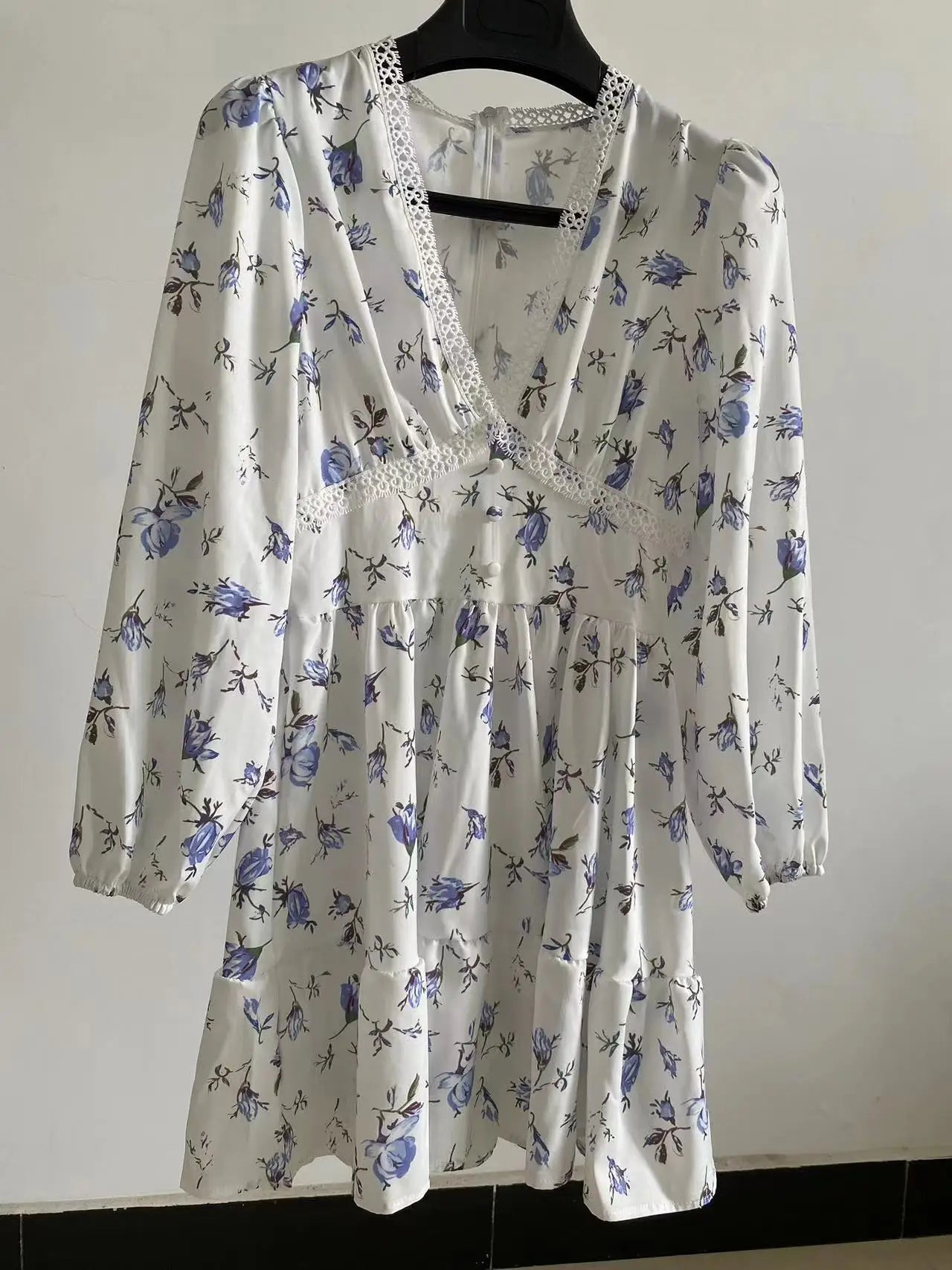 Floral Print Mini Dress High Waist A-Line Long Sleeve V Neck Dresses Vintage Beach Vacation Casual Vestidos