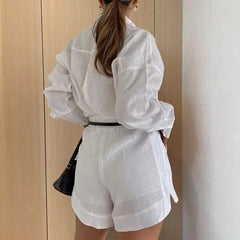 Long Sleeve 2 Pieces Sets Casual Simple Button Pockets Short Pant with Shirts Tops Suit Outfits