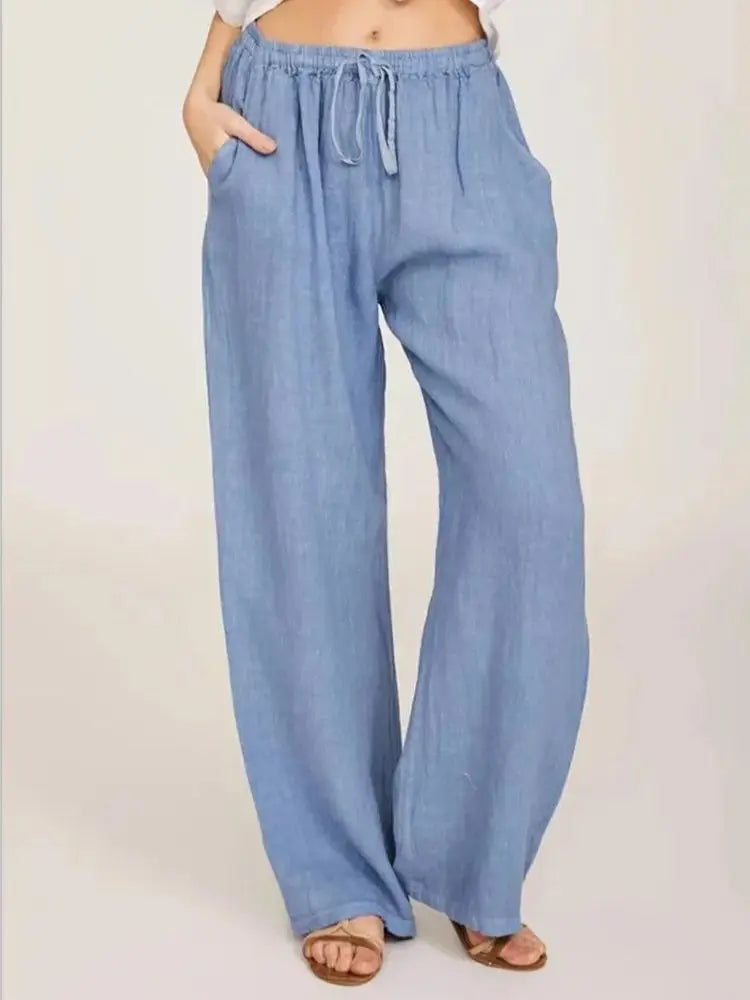 Cotton Linen Pants Casual Loose Solid Elastic Waist Pocket Straight Trousers Ladies Oversize Wide Leg Pant Streetwear