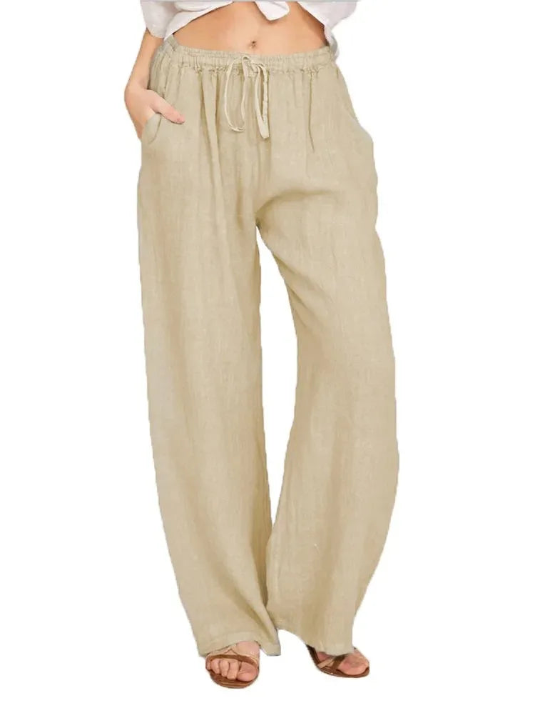 Cotton Linen Pants Casual Loose Solid Elastic Waist Pocket Straight Trousers Ladies Oversize Wide Leg Pant Streetwear