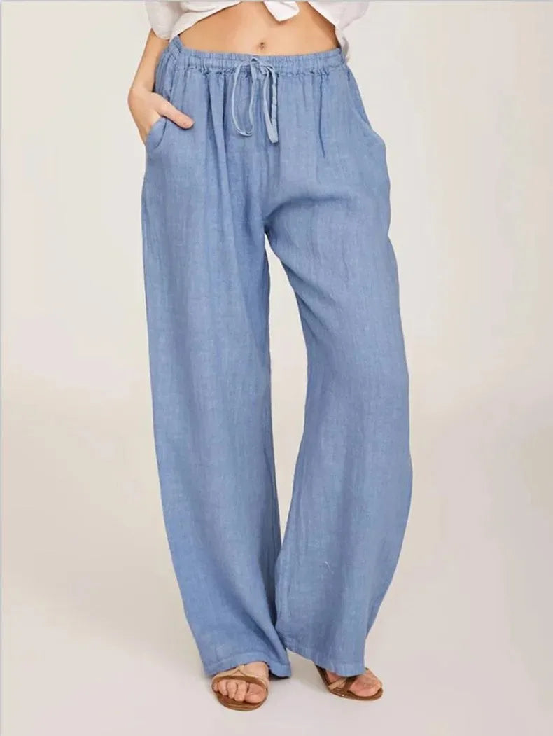 Cotton Linen Pants Casual Loose Solid Elastic Waist Pocket Straight Trousers Ladies Oversize Wide Leg Pant Streetwear