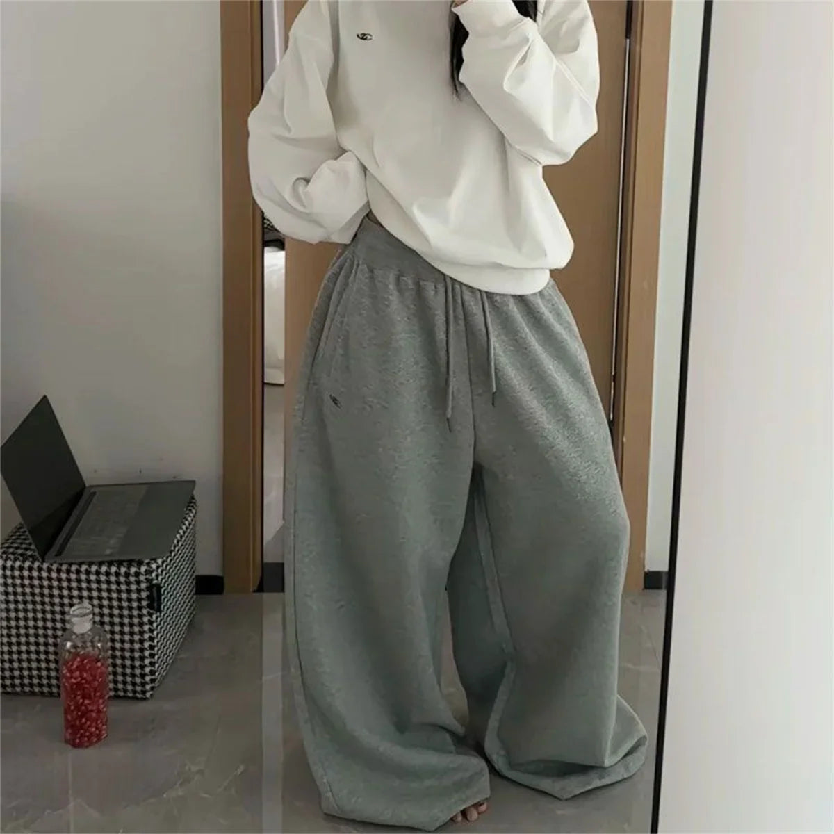 Oversize Grey Black Sweatpants Y2K Korean Streetwear Loose Casual Jogger Pants High Waist All Match Drawstring Trousers