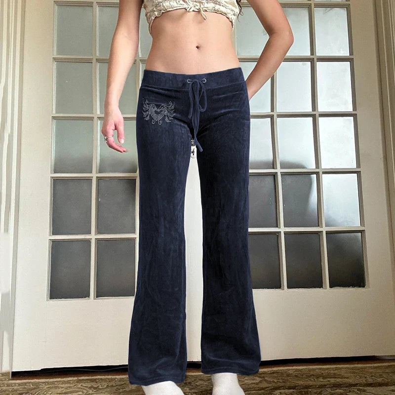 SHOPMOCHO--Rockmore Retro Rhinestone Flare Pants Velvet Drawstring Casual Trouser Streetwear Cute Bottoms Y2K 2000s Pants
