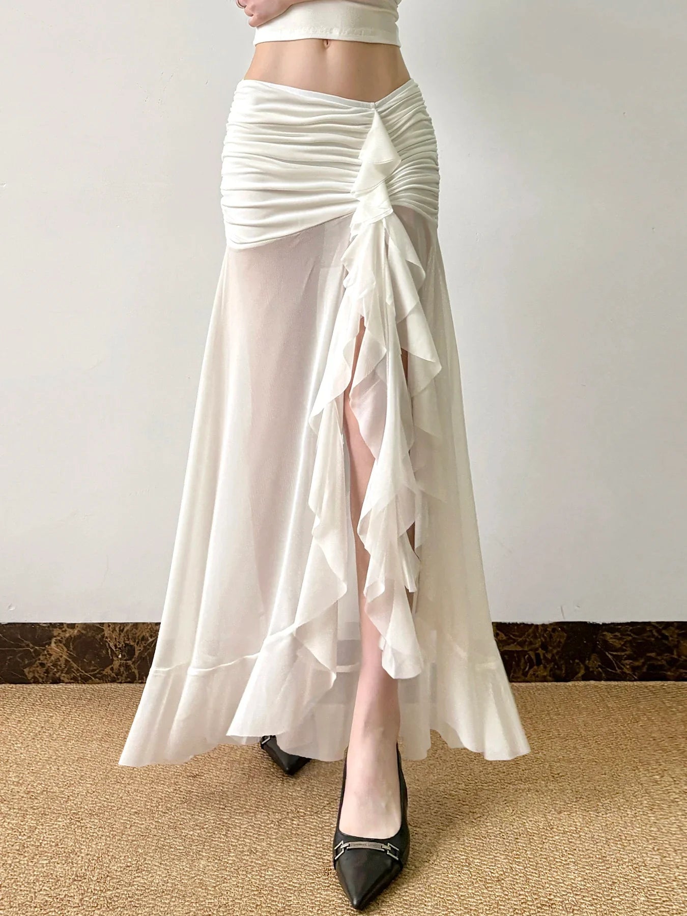 Rockmore Vacation Mesh See Through Long Skirts Ruffle Split Pleated Wrap Skirt Elegant Clothing