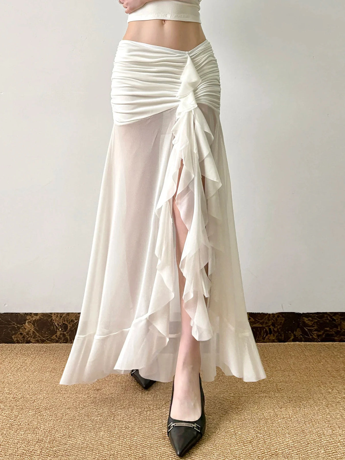 Rockmore Vacation Mesh See Through Long Skirts Ruffle Split Pleated Wrap Skirt Elegant Clothing