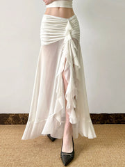 Rockmore Vacation Mesh See Through Long Skirts Ruffle Split Pleated Wrap Skirt Elegant Clothing