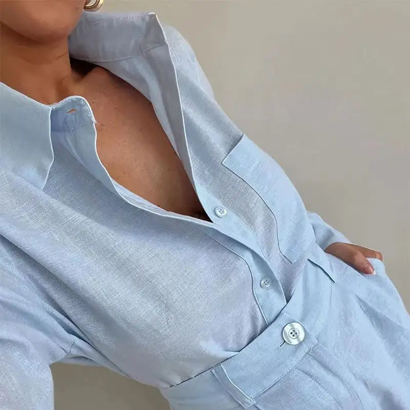 Long Sleeve 2 Pieces Sets Casual Simple Button Pockets Short Pant with Shirts Tops Suit Outfits