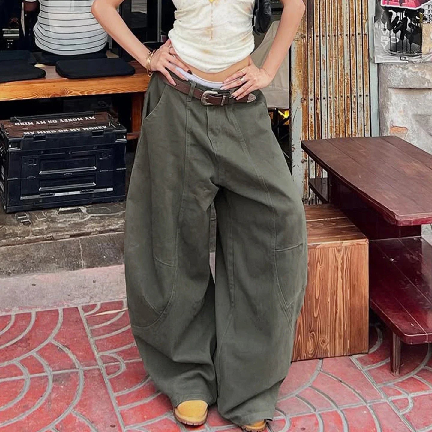 Rockmore American Street Parachute Pants Baggy Jeans Y2K Vintage Straight Cargo Pants Low Raise Wide Leg Denim Trousers