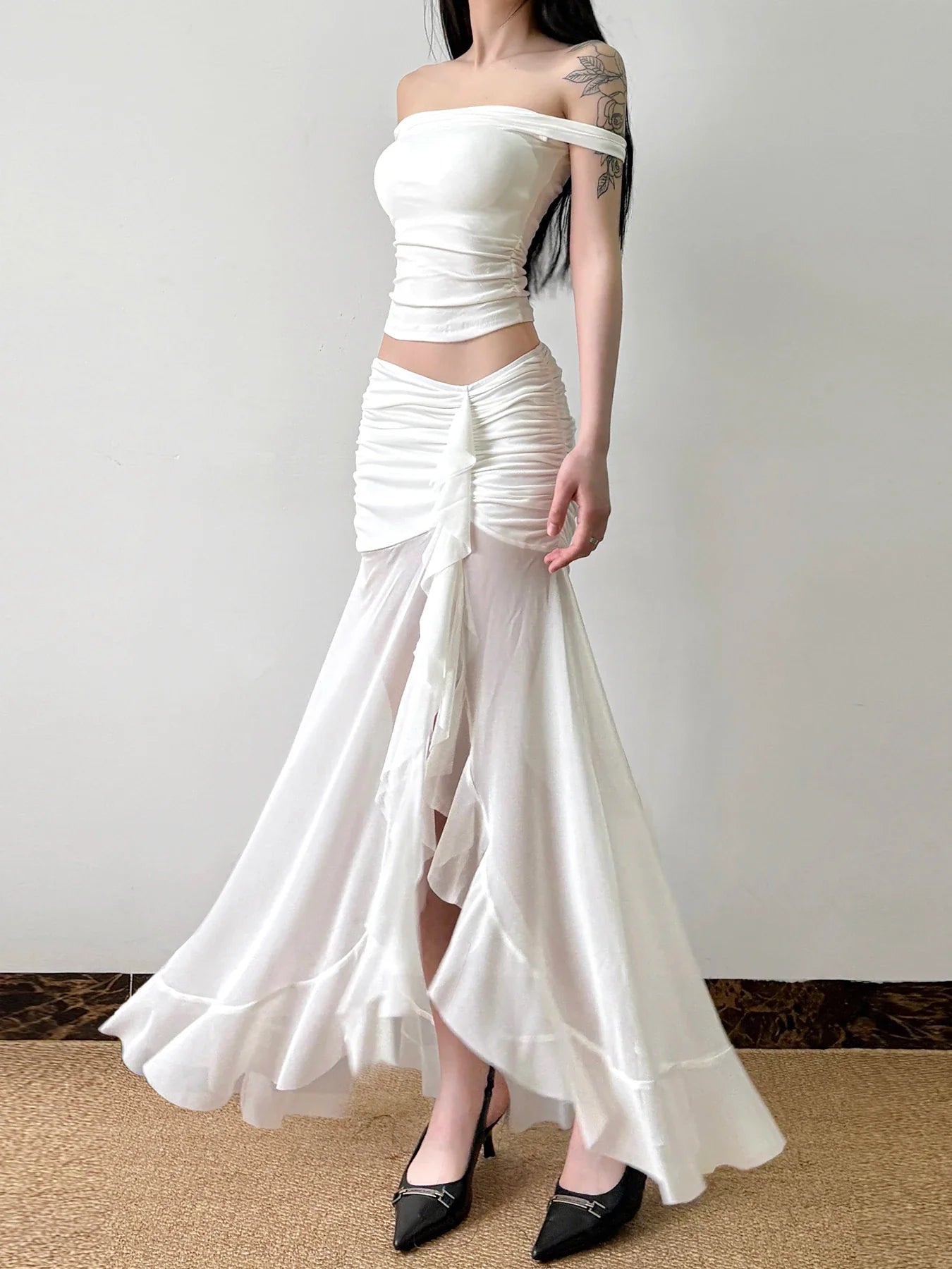 Rockmore Vacation Mesh See Through Long Skirts Ruffle Split Pleated Wrap Skirt Elegant Clothing
