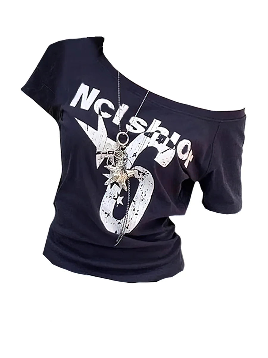 Y2k Sport Off shoulder Top Letter Vintage 2000s Short sleeve T shirt Lady Body Basic Crop Top Casual
