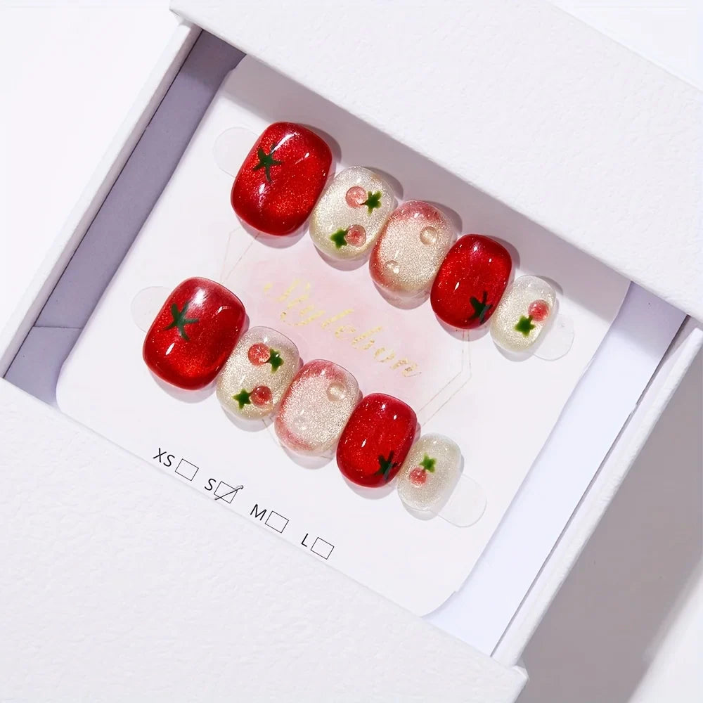 10pcs Festive Red Oval Short Press-On Nails with Cute Tomato Design Glossy Finish Holiday Nail Art Set