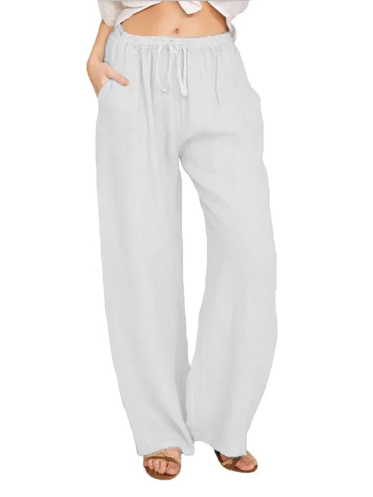 Cotton Linen Pants Casual Loose Solid Elastic Waist Pocket Straight Trousers Ladies Oversize Wide Leg Pant Streetwear