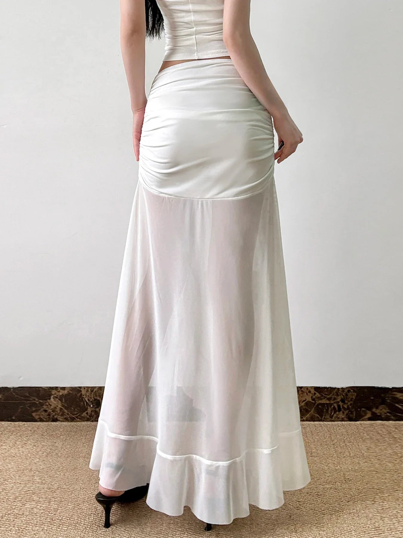 Rockmore Vacation Mesh See Through Long Skirts Ruffle Split Pleated Wrap Skirt Elegant Clothing