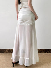 Rockmore Vacation Mesh See Through Long Skirts Ruffle Split Pleated Wrap Skirt Elegant Clothing