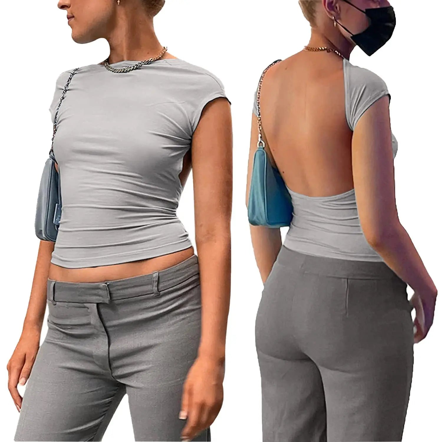 Short Sleeve Backless Crop Tops Casual Solid Vintage Y2K T Shirts Basic Skinny Pullover Slim Tee Streetwear
