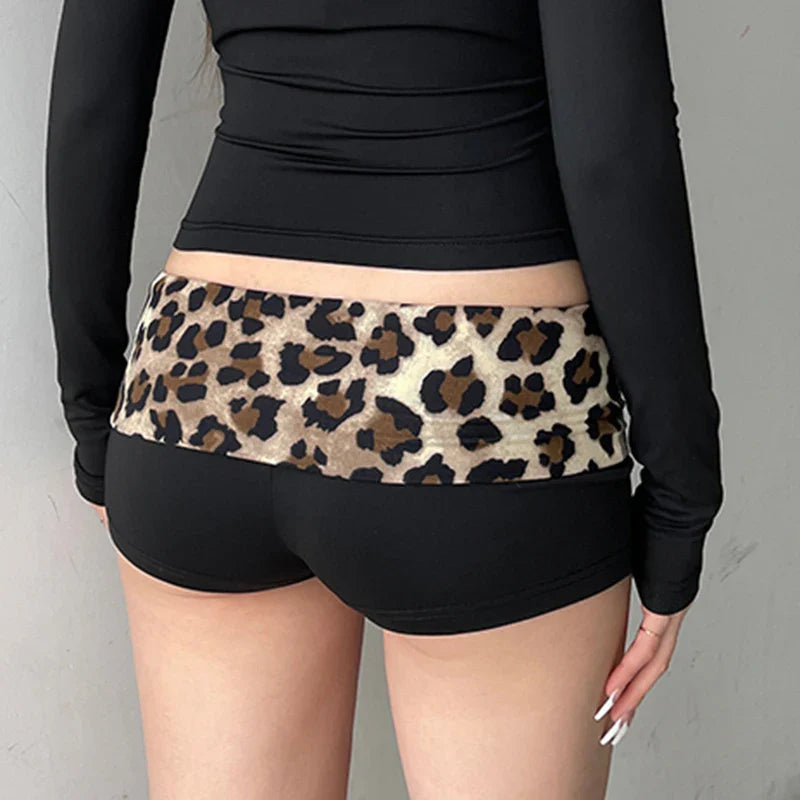 Rockmore Leopard Contrast Patchwork Mini Shorts Low Rise Slim Bottoms Casual Skinny Shorts Baddie Outfits