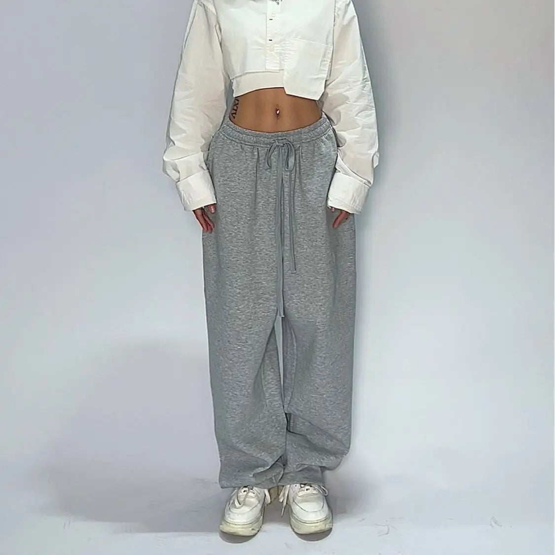 Oversize Grey Black Sweatpants Y2K Korean Streetwear Loose Casual Jogger Pants High Waist All Match Drawstring Trousers
