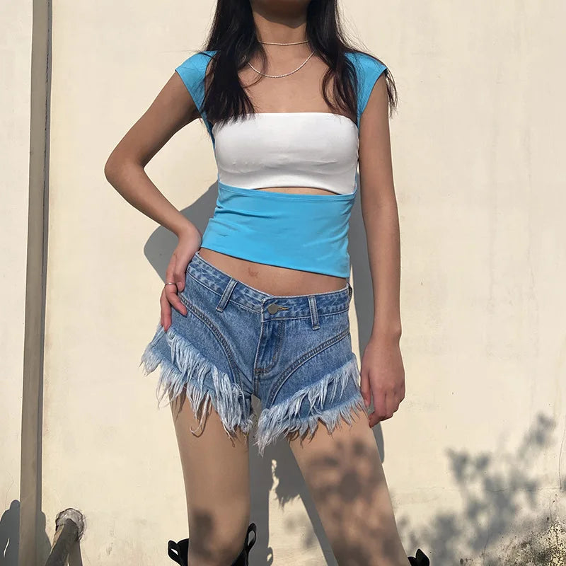 Short Sleeve Backless Crop Tops Casual Solid Vintage Y2K T Shirts Basic Skinny Pullover Slim Tee Streetwear