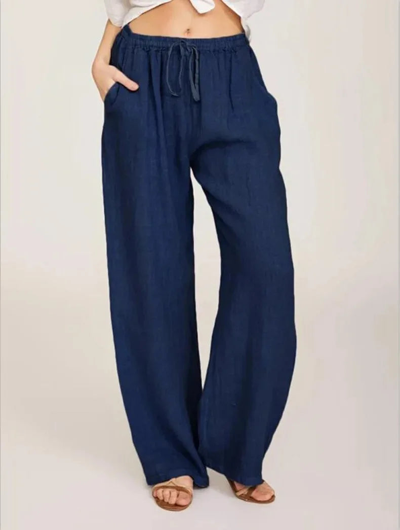 Cotton Linen Pants Casual Loose Solid Elastic Waist Pocket Straight Trousers Ladies Oversize Wide Leg Pant Streetwear
