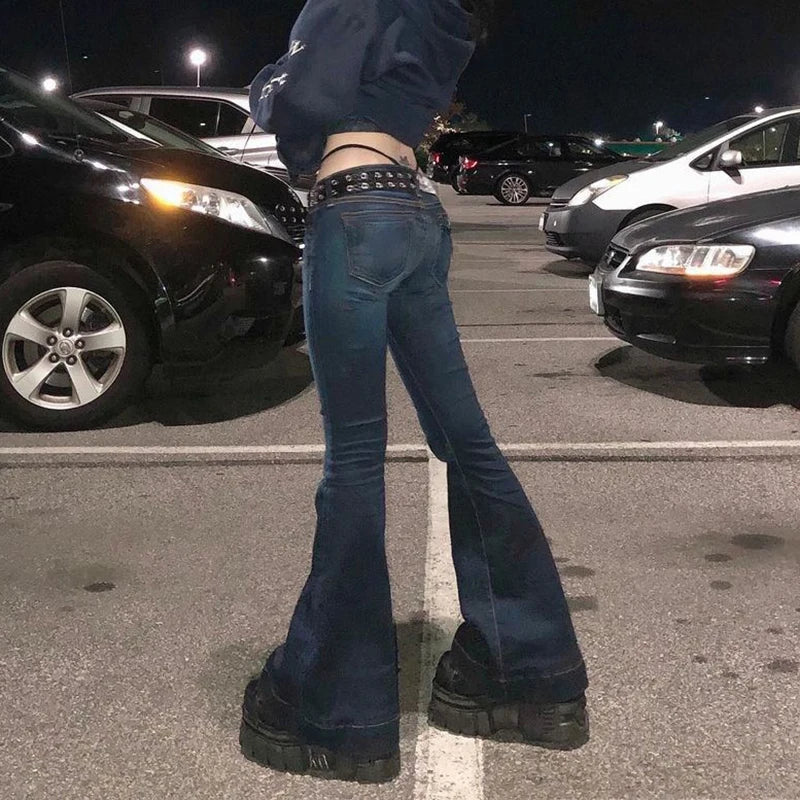 Rockmore Vintage Flare Jeans Low Rise Washed Jean Pants Y2K High Street Denim Trousers Korean Casual New