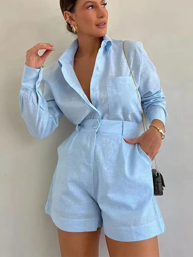 Long Sleeve 2 Pieces Sets Casual Simple Button Pockets Short Pant with Shirts Tops Suit Outfits
