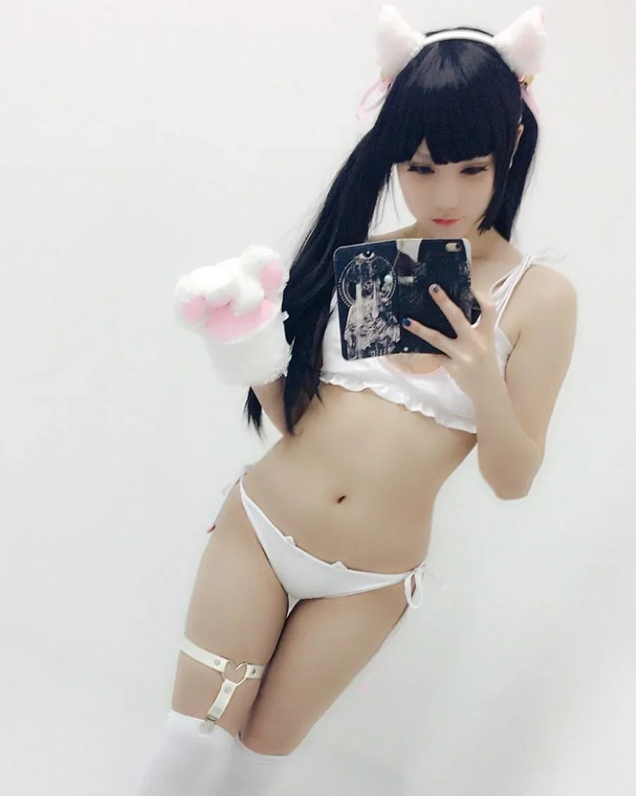 Anime Cartoon Cute Lolita Cat Girls Uniform Bra Brief Nad Neck Ring Set