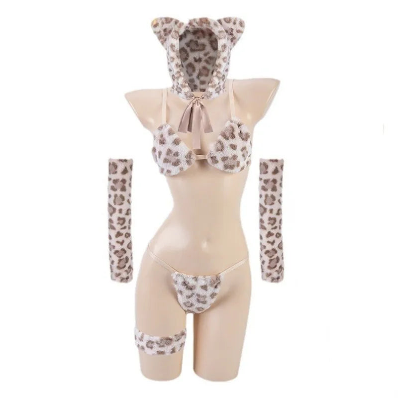 Anime Cute Animal Cat Girl Cosplay Costume Polka Dot Accent Bra and Panties Three-point Set