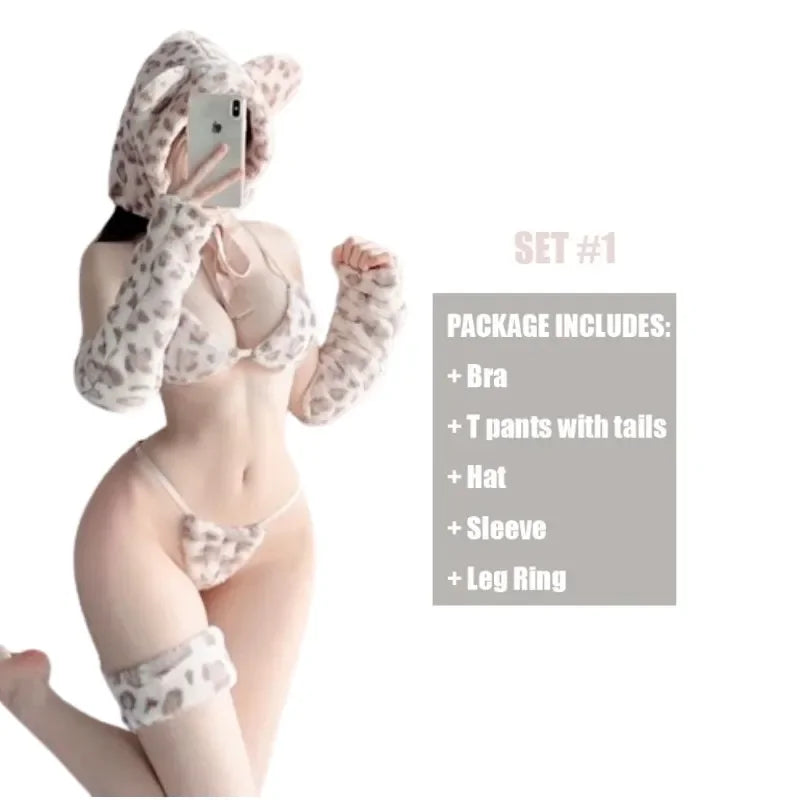 Anime Cute Animal Cat Girl Cosplay Costume Polka Dot Accent Bra and Panties Three-point Set
