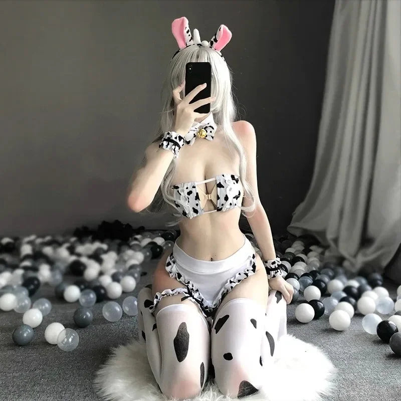 Anime Kawaii Cow Cosplay Costume Maid Swimsuit Micro Bikini Set