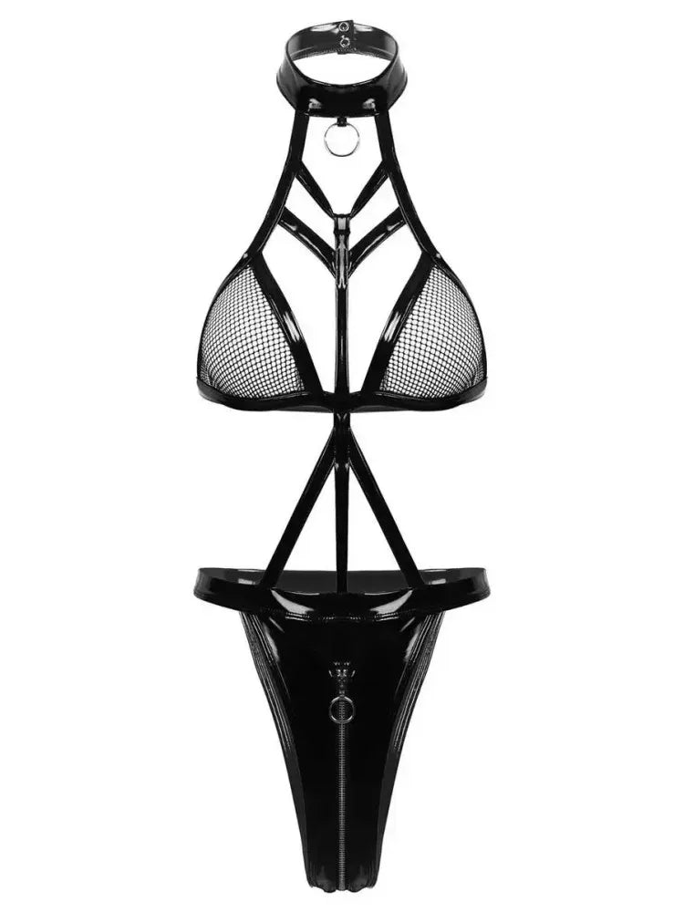 Balck Bandage PU Latex Leather Mesh Bodysuit Sexy Lingerie